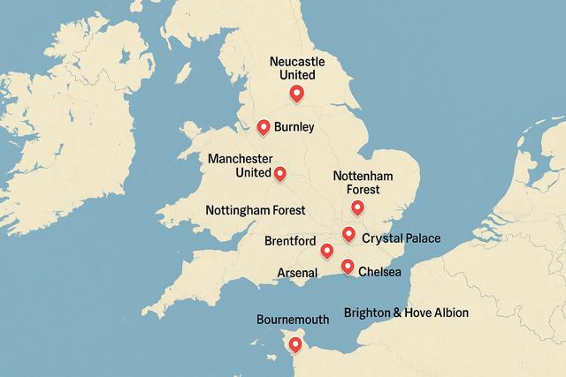 Map of England showing Premier League club stadiums with markers