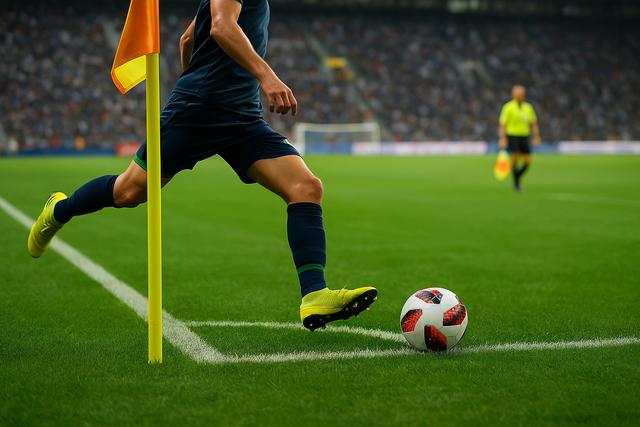 corner kick with assistant referee observing during soccer match