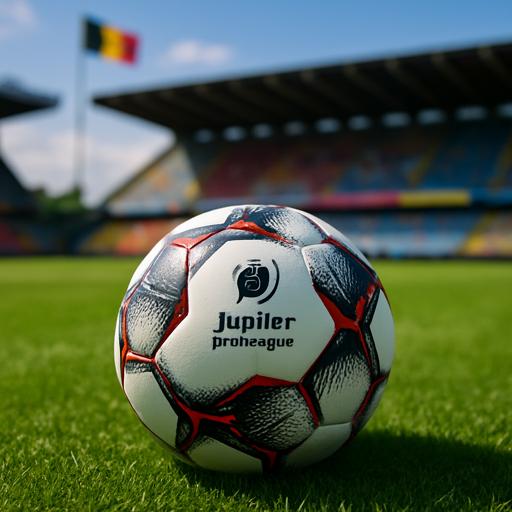 Belgian Jupiler Pro League soccer ball on stadium grass with flag