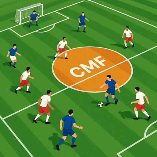 overhead view of a soccer field emphasizing the central midfielder role with balanced player positions